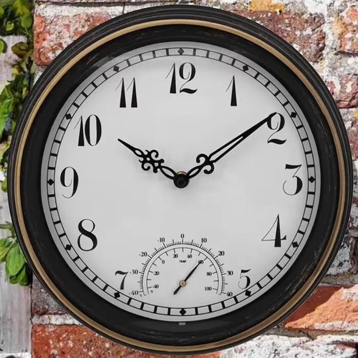Horloge murale extérieure étanche avec thermomètre IP44 horloge de décoration de jardin ronde Vintage 12 pouces horloge extérieure-ABXK