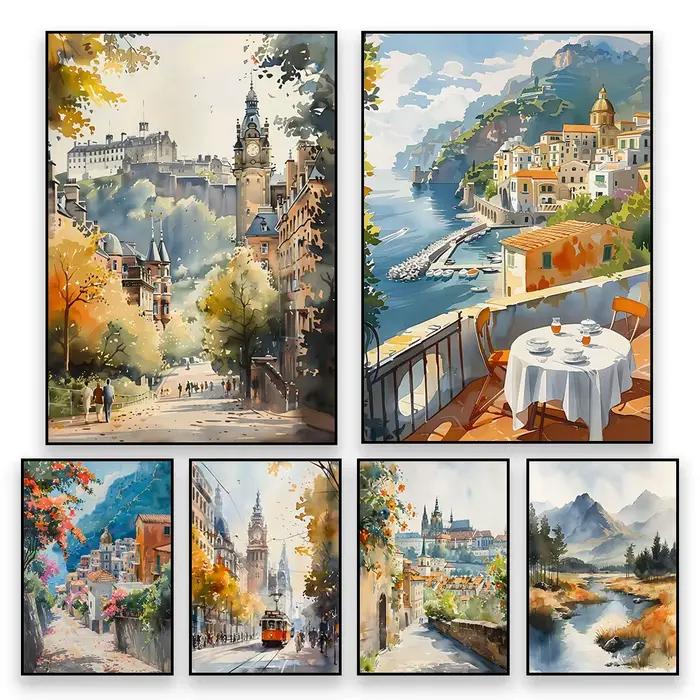 Peinture sur toile 2D, affiche de paysage rétro d'Europe