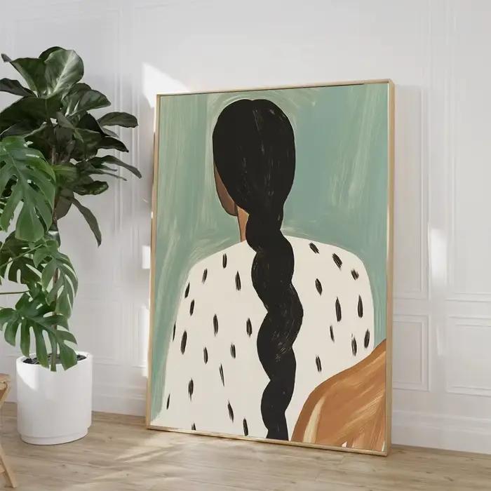Peinture sur toile représentant une femme lisant sur la plage