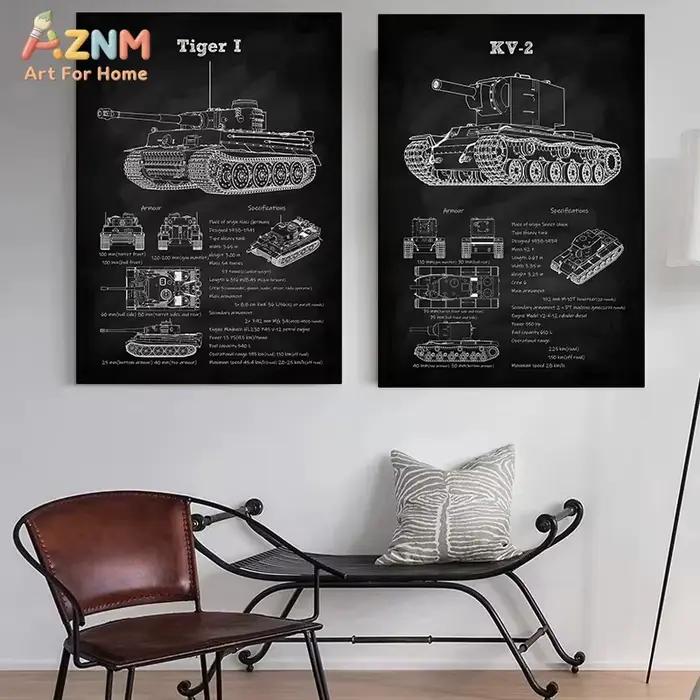 Affiche noire avec dessin technique de chars