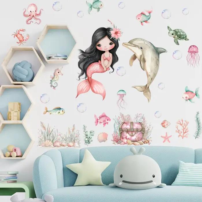 Autocollants muraux sirène du monde sous-marin de dessin animé