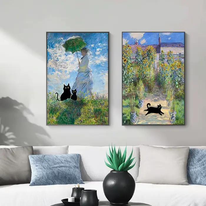 Claude Monet œuvres d'art intéressant mignon chat noir Lotus étang affiche toile peintures mur Art photos pour salon décor à la maison