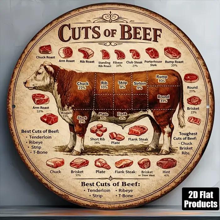 Panneau en aluminium rond 2D plat rétro avec tableau de découpe de viande - Guide