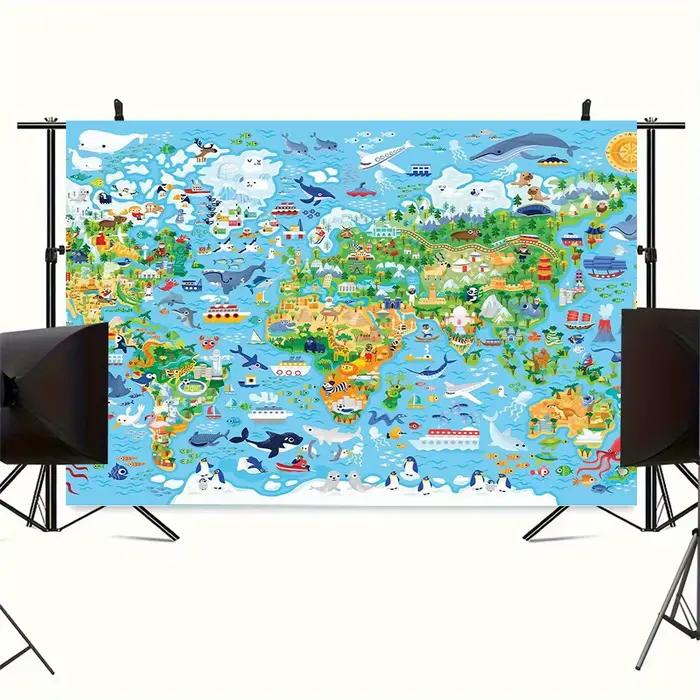 Un fond de carte du monde vif avec des animaux et des planètes de dessin animé – adapté à la décoration de la maison