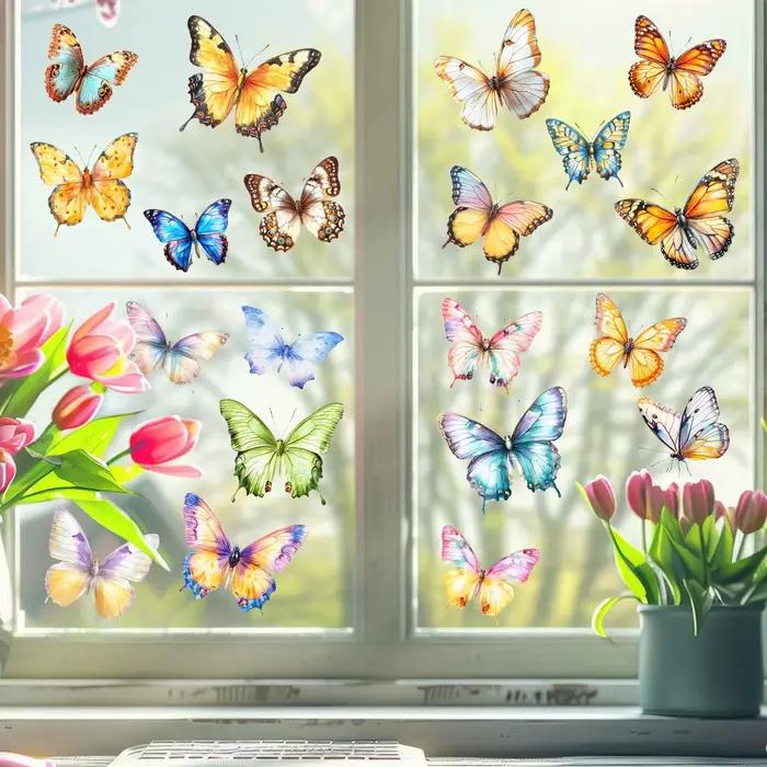 Autocollants de fenêtre Papillon Printanier - Décorations colorées double face amovibles et réutilisables anti-collision pour la maison