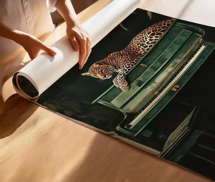 Art mural léopard élégant sur Piano vert