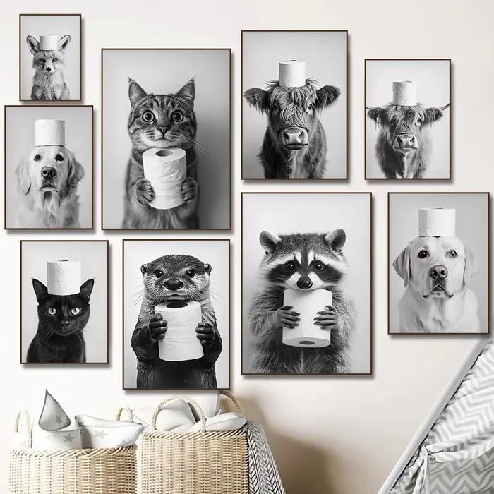 Highland vache loutre chat raton laveur avec papier toilette affiche impression toile peinture salle de bain mur Art
