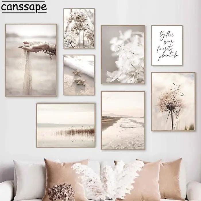 Toile de peinture de paysage Beige, roseau, pissenlit, fleur, images murales, mer, plage, sable, main, affiches nordiques, décor de salon
