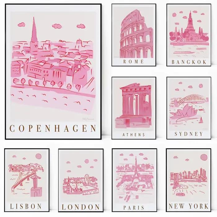 Skyline City Landscape Poster, Line Abstract Pink Art Painting, Canvas Printing, Wall Decoration, Home Bedroom Decor