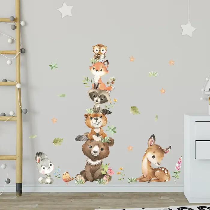 Dessin animé mignon Stickers muraux animaux de la forêt ours lapin aquarelle autocollant mural pour bébé pépinière
