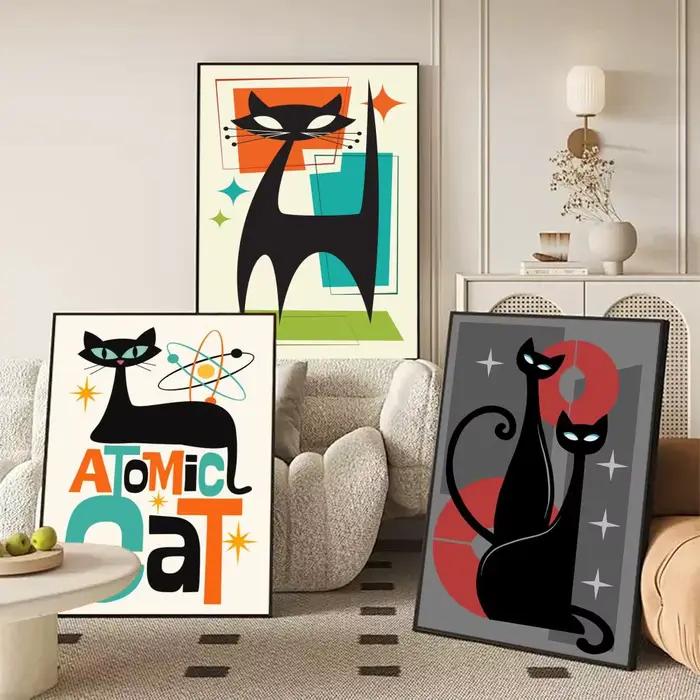Affiche esthétique de calligraphie avec peinture de chat noir du milieu du siècle