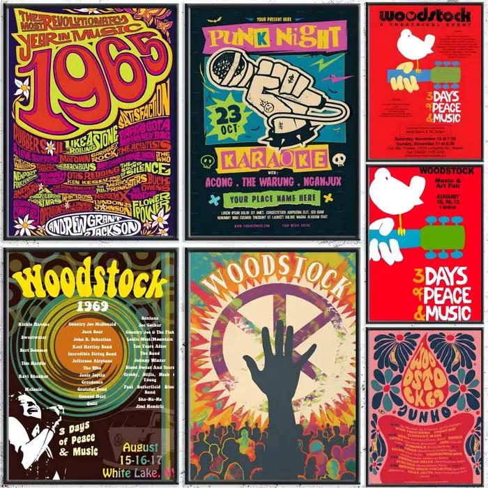 Woodstock Rock Festival peinture calligraphie HD toile affiche sans plis étanche tous les espaces décoration murale
