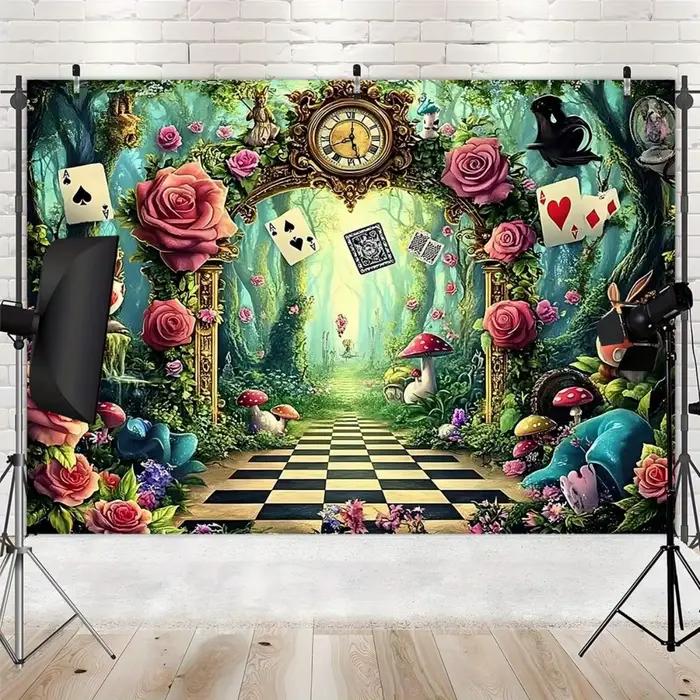 Tapisserie murale Alice au pays des merveilles, décoration de jardin de forêt fantastique, chemin de jeu d'échecs, horloge rose, thème Alice, décoration de chambre, impression 2D plate