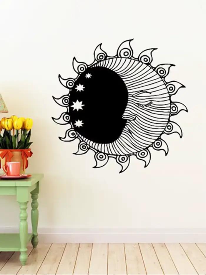 Autocollant mural soleil croissant de lune, double symbole d'étoiles ethniques, autocollants muraux en vinyle, décoration intérieure de maison, chambre à coucher