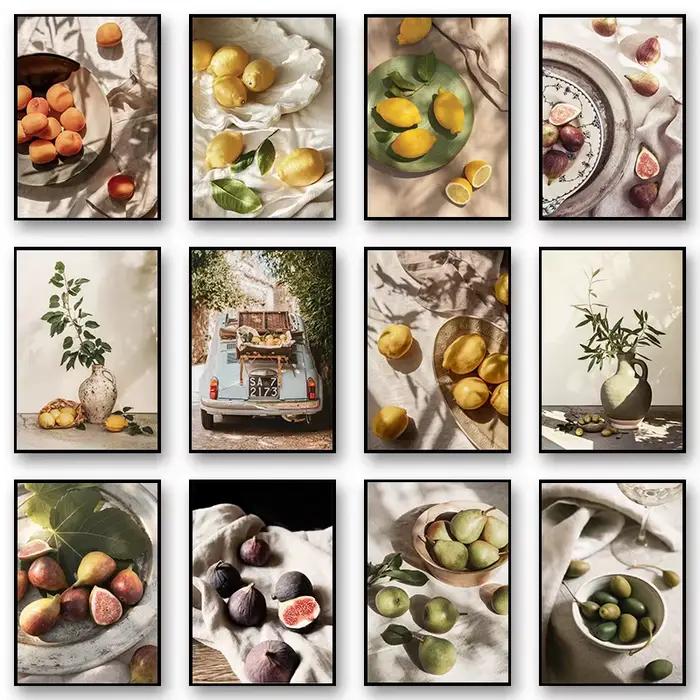 Affiche imprimée de récolte de fruits, citron, Olive, voitures et plantes, paysage, peinture sur toile d'art mural, décoration de salon de maison, automne