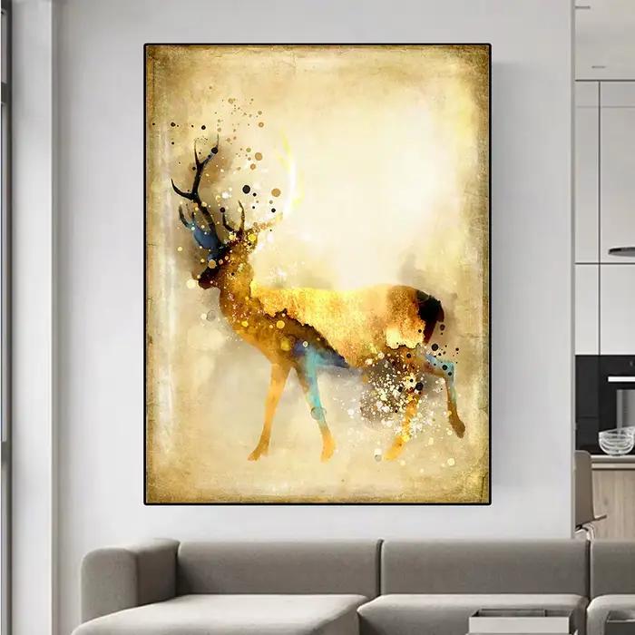 Toile de peinture moderne en forme de cerf et d'élan jaune