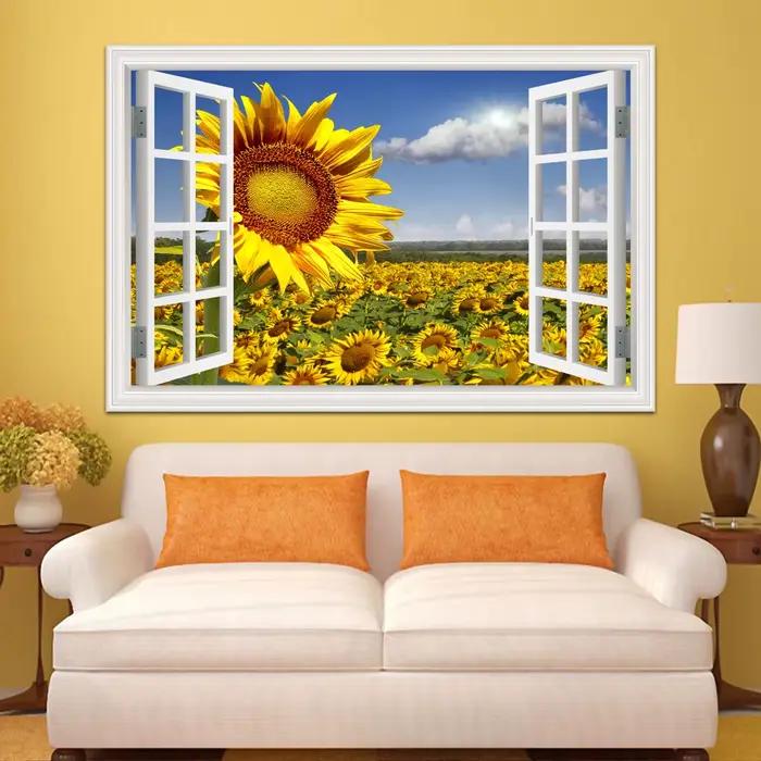 Autocollant Mural en Vinyle avec Fleurs Jaunes et Tournesols