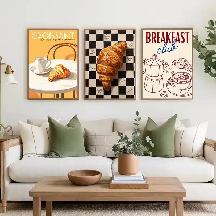 Style rétro Croissant & café petit déjeuner français cuisine nourriture affiche toile peinture mur Art photos maison