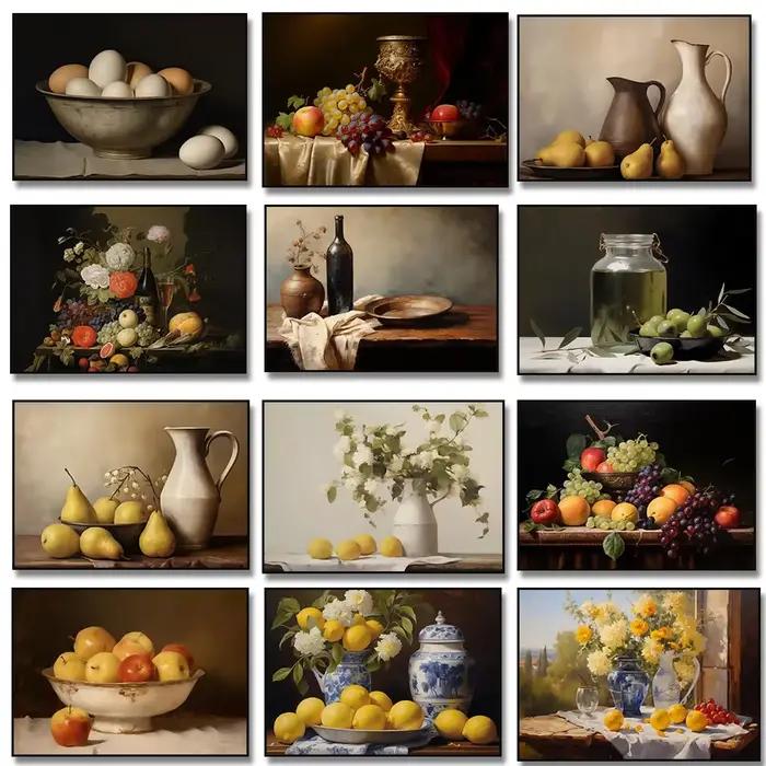 Fruits antiques nature morte pommes citron oeufs fleur Olive toile peinture affiche impression Vintage cuisine rustique chambre décor à la maison