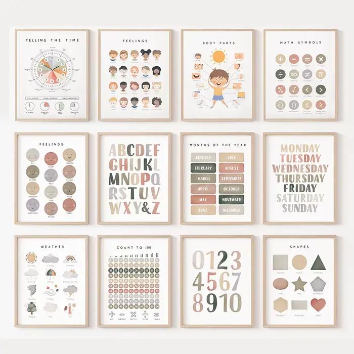 Affiches éducatives Alphabet numéro forme couleurs pépinière mur Art nordique