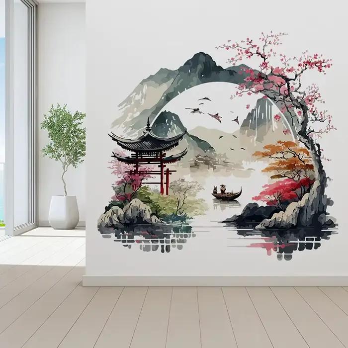 🎊 Autocollant mural Paysage Oiseaux Montagne Rivière pour Fond de Mur
