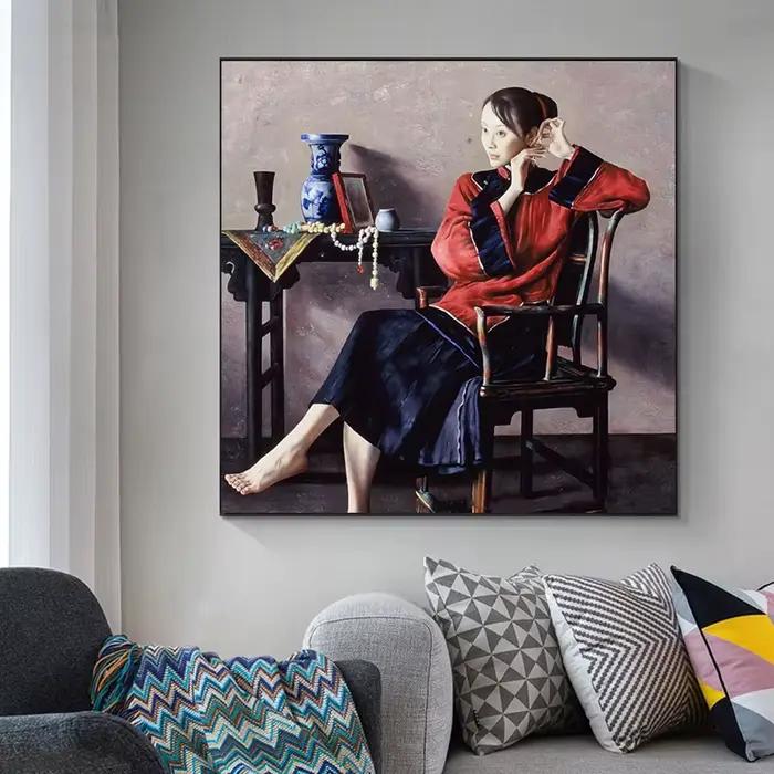 Robe traditionnelle femme Portrait toile peinture mur Art vintage Noble dame affiche et impressions pour salon ethnique décor à la maison