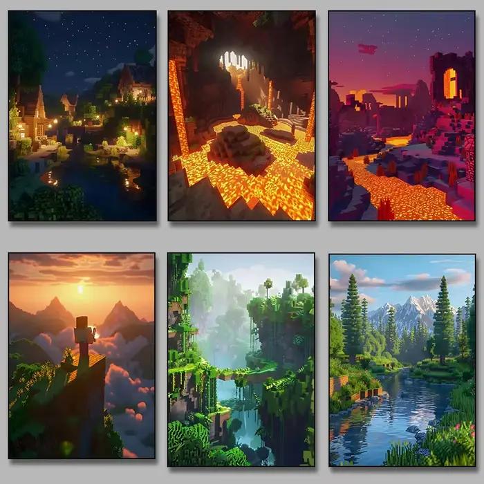 Bloc Pixel monde jeu vidéo paysage Style toile affiche peinture impression mur Art photo pour salon décor à la maison Cuadros