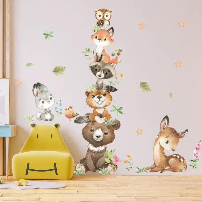 Dessin animé mignon Stickers muraux animaux de la forêt ours lapin aquarelle autocollant mural pour bébé pépinière
