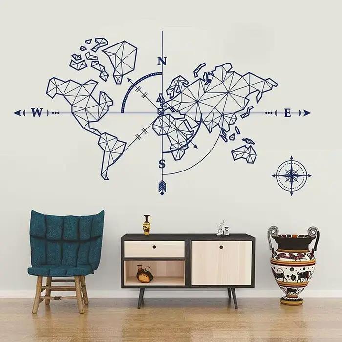 Stickers muraux en vinyle avec carte du monde et boussole