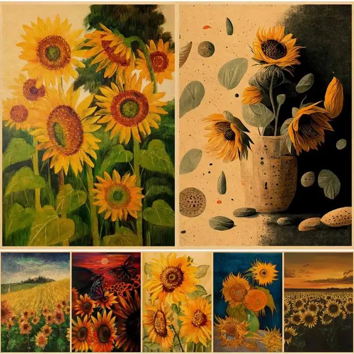 Affiches de peinture à l'huile tournesol, paysage de fleurs, papier Kraft, autocollants muraux, décor salle d'étude, Bar café, peintures murales