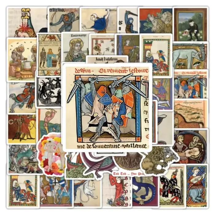 50 autocollants rétro à motifs d'art médiéval pour DIY, téléphone, ordinateur portable, bagages, skateboard, graffiti – Amusants pour enfants, jouets, cadeaux de fête