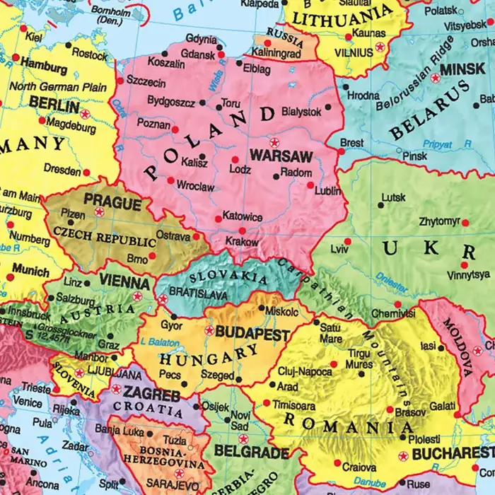 Affiche de carte de l'europe en anglais avec détails
