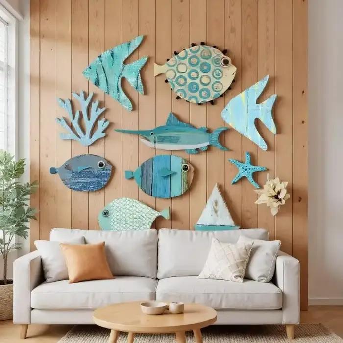 Décoration murale de poisson en bois suspendue