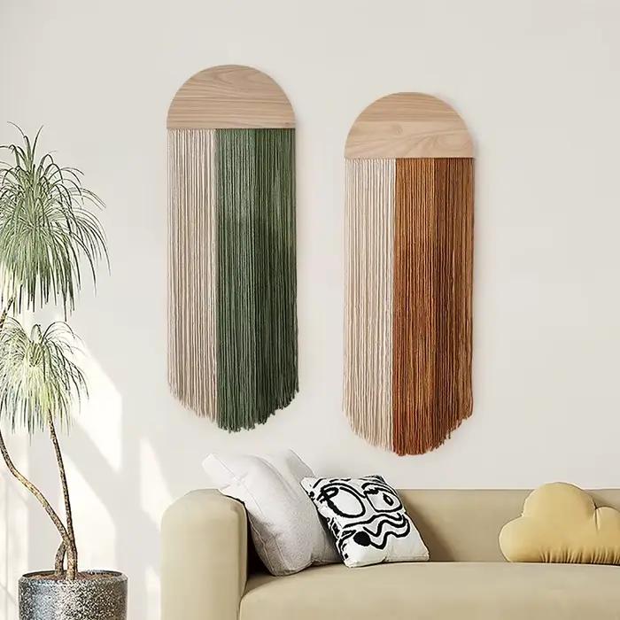 Tapisserie créative, panneau en bois semi-circulaire tissé à la main