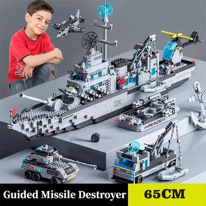 Ensemble de blocs de construction de navires militaires 6 en 1 de 65,5 cm, jouets de bataille pour garçons, modèles de bateaux et d'avions de l'armée, jouets en briques, cadeaux de Noël
