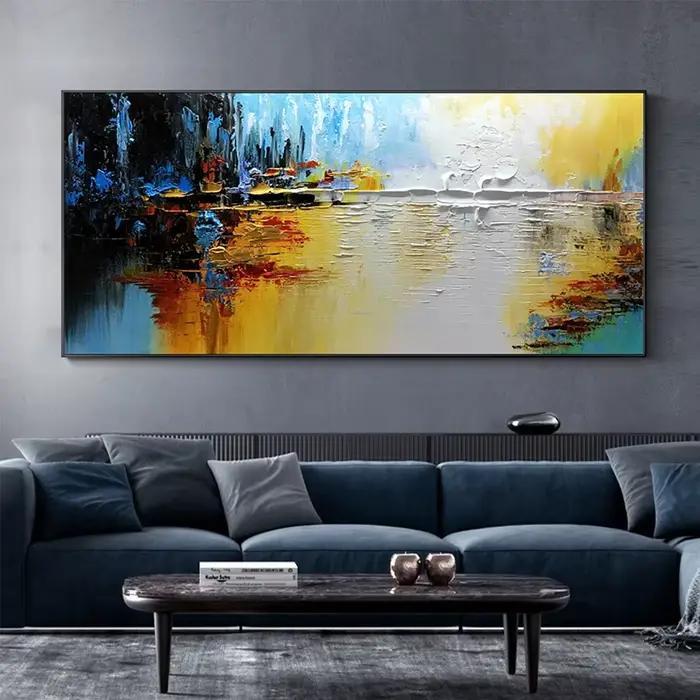 Grand art mural paysage de lac abstrait peint à la main