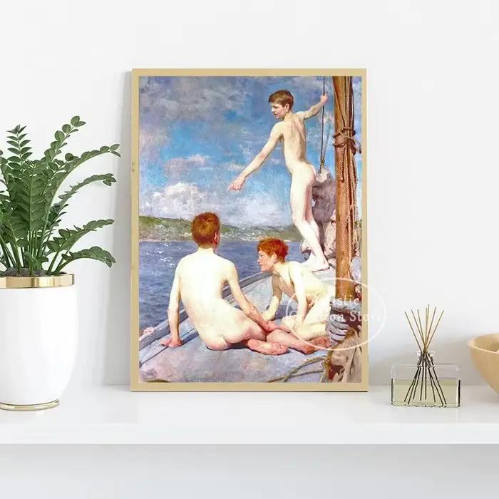 Vintage Gay Nude Man Art The Bathers par Henry Scott Tuke Prhonneur