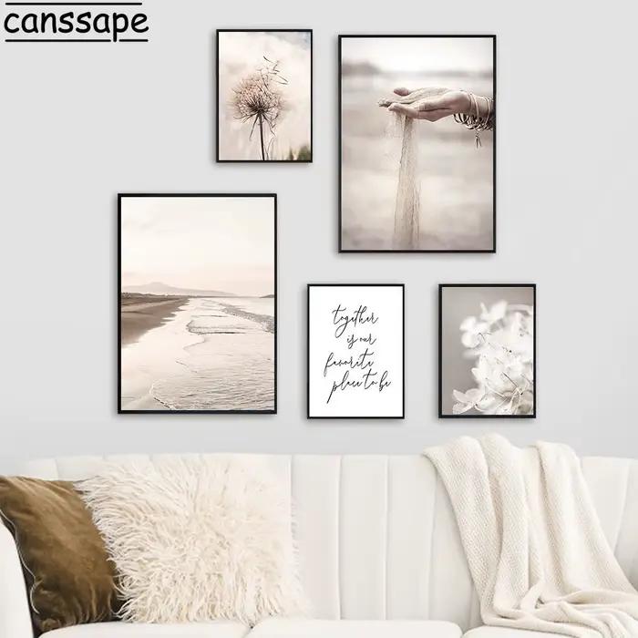 Toile de peinture de paysage Beige, roseau, pissenlit, fleur, images murales, mer, plage, sable, main, affiches nordiques, décor de salon