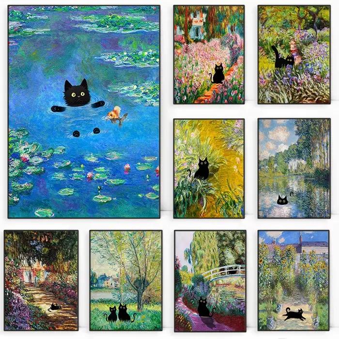 Claude Monet œuvres d'art intéressant mignon chat noir Lotus étang affiche toile peintures mur Art photos pour salon décor à la maison