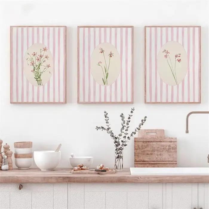 Affiche botanique à rayures bleues et florales roses, peinture sur toile imprimée neutre Cottagecore, tableau d'art mural pour décoration de salon et de maison