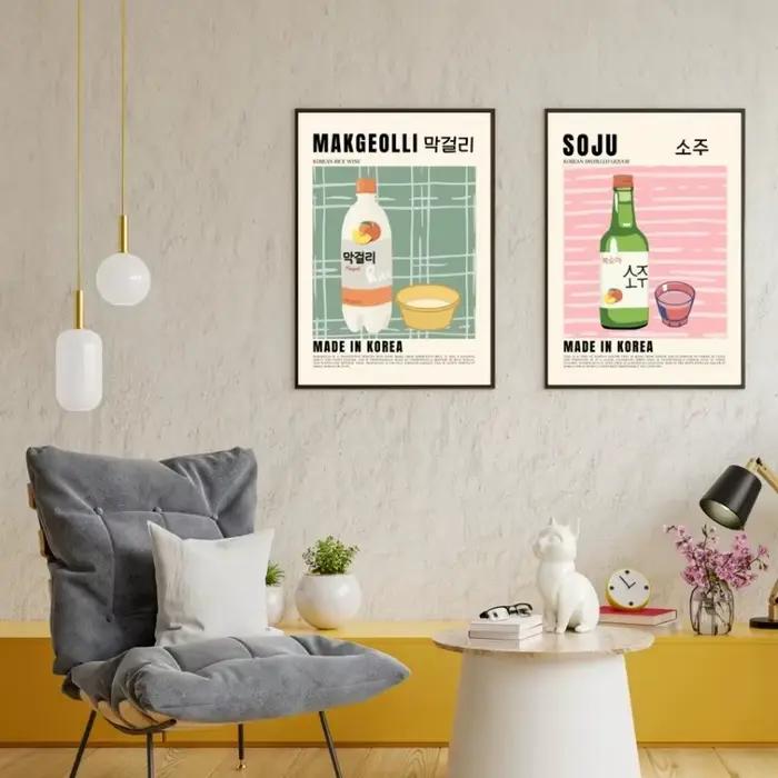 Affiche traditionnelle colorée coréenne de nourriture et de boisson