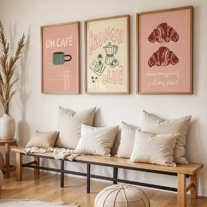 3 pièces/ensemble Croissants de café et citations de Brunch impression sur toile Vintage cuisine française nourriture affiches d'art murales Correspond pour la décoration intérieure