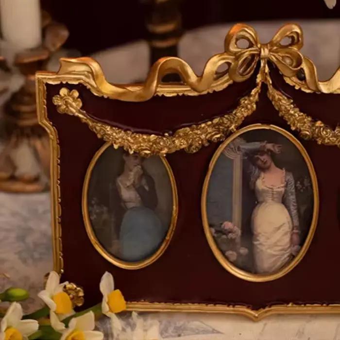 Cadre Photo Rétro Européen en Résine Gaufrée Dorée Rouge