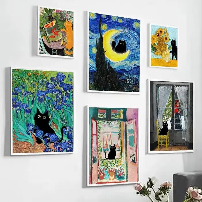 Toile d'art drôle Matisse Monet chat noir Van Gogh tournesols