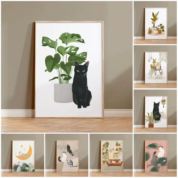 Affiche murale imprimée chat et plante