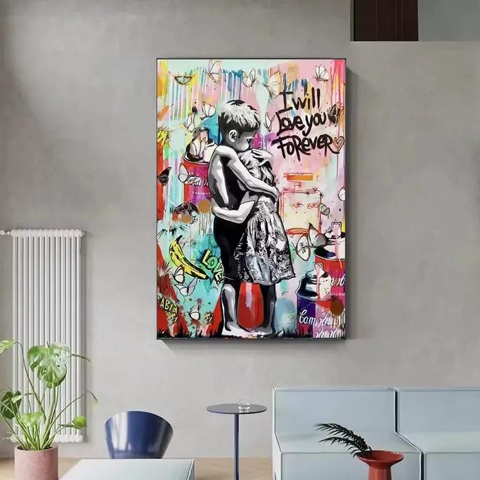 Banksy Art mural je t'aime pour toujours inspiré Graffiti Pop Art toile peinture enfants baiser rue affiche impressions pour décor de chambre