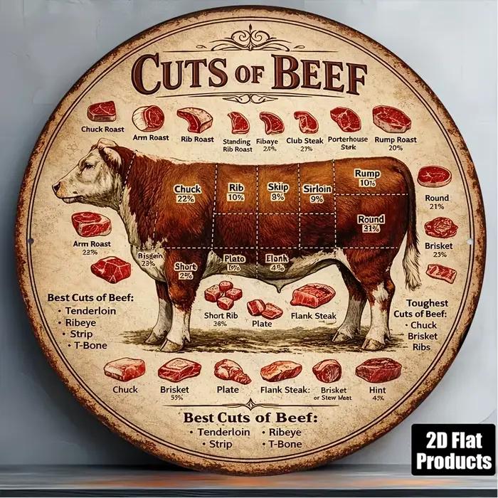 Panneau en aluminium rond 2D plat rétro avec tableau de découpe de viande - Guide