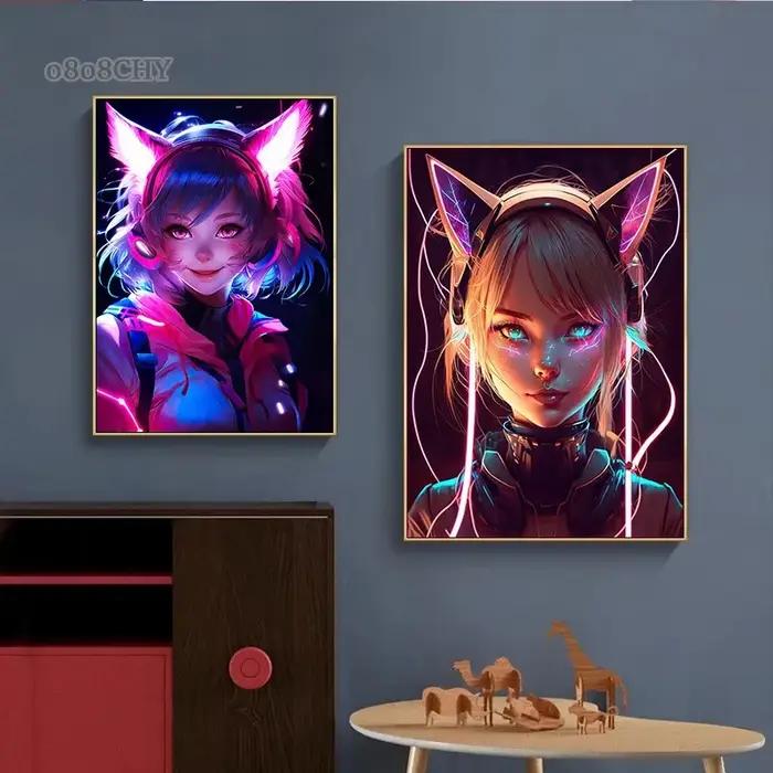 Néon Anime chat fille affiches imprime toile peinture Manga