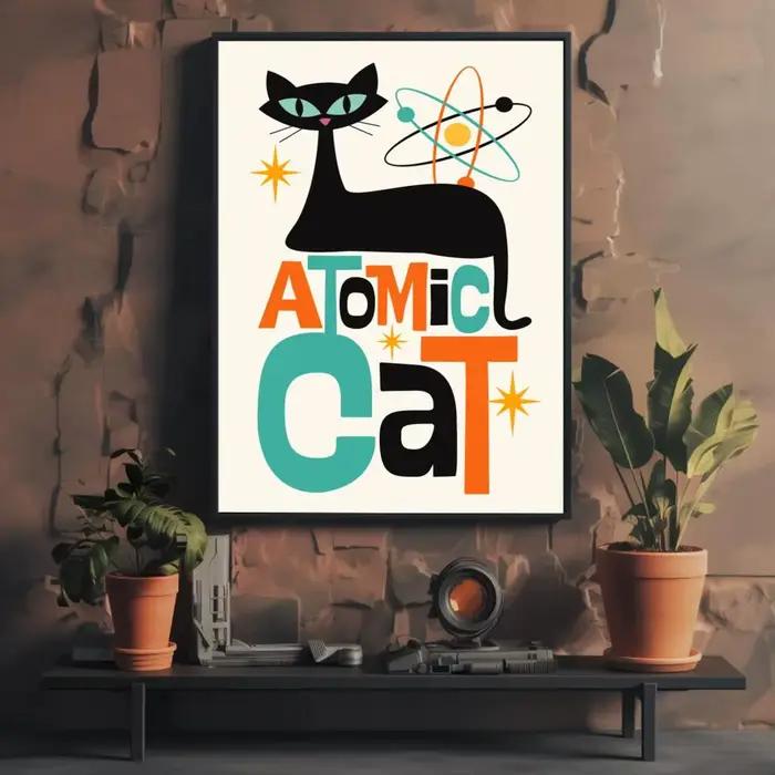 Affiche esthétique de calligraphie avec peinture de chat noir du milieu du siècle