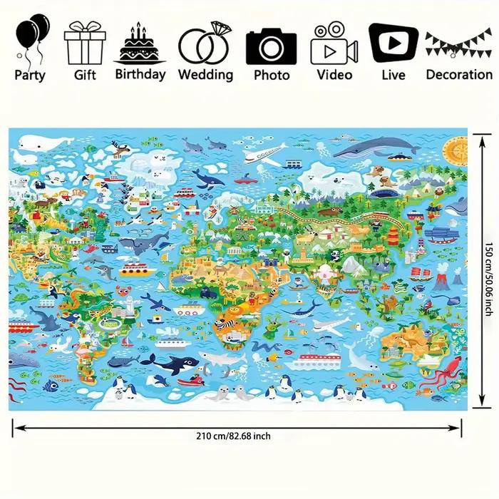 Un fond de carte du monde vif avec des animaux et des planètes de dessin animé – adapté à la décoration de la maison